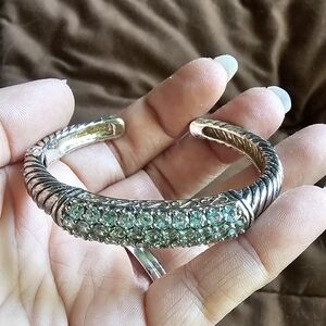 BLUE DIAMONIQUE CZ SILVER PLATTED STAINLESS STEEL HINGED CUFF BRACELET